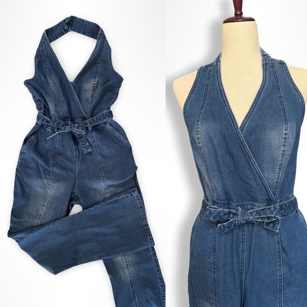 Y2K VENUS Denim Halter Bootcut Jumpsuit 10 L, Disco Hippie 2000s - Picture 11 of 11